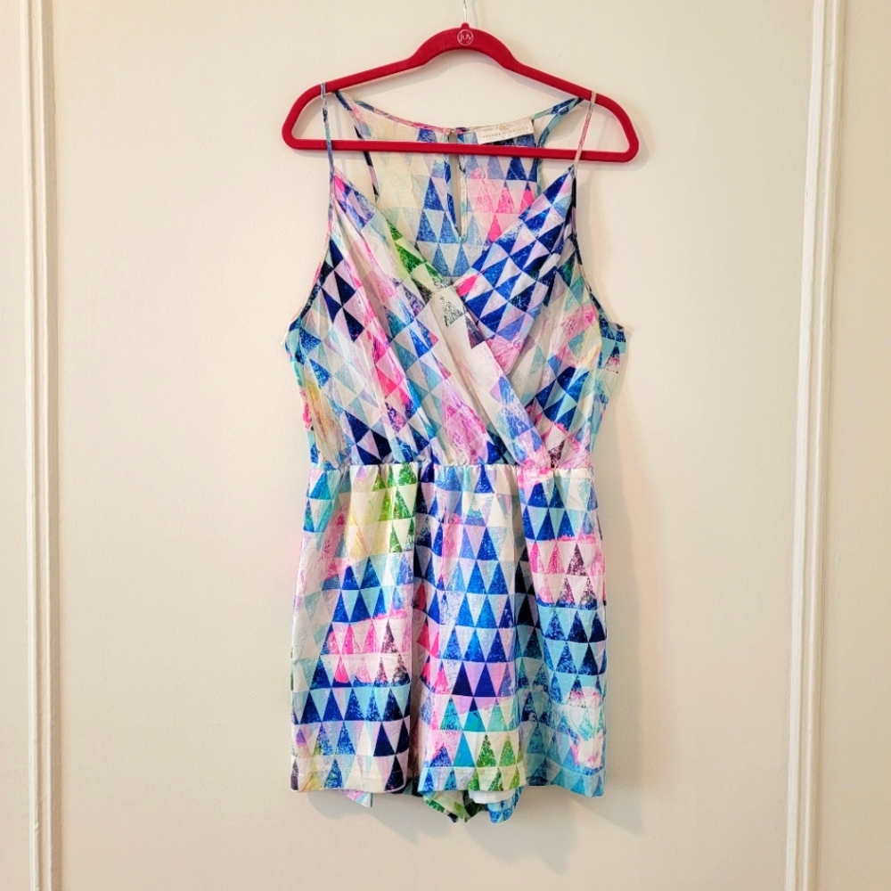 Amanda Uprichard 100% Sill Multicolor Triangle Print Romper - Blue Pink Green